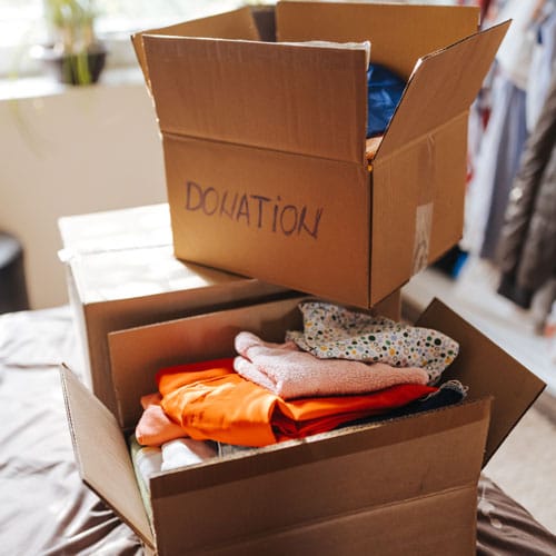 Boxes of clothes ready to donate